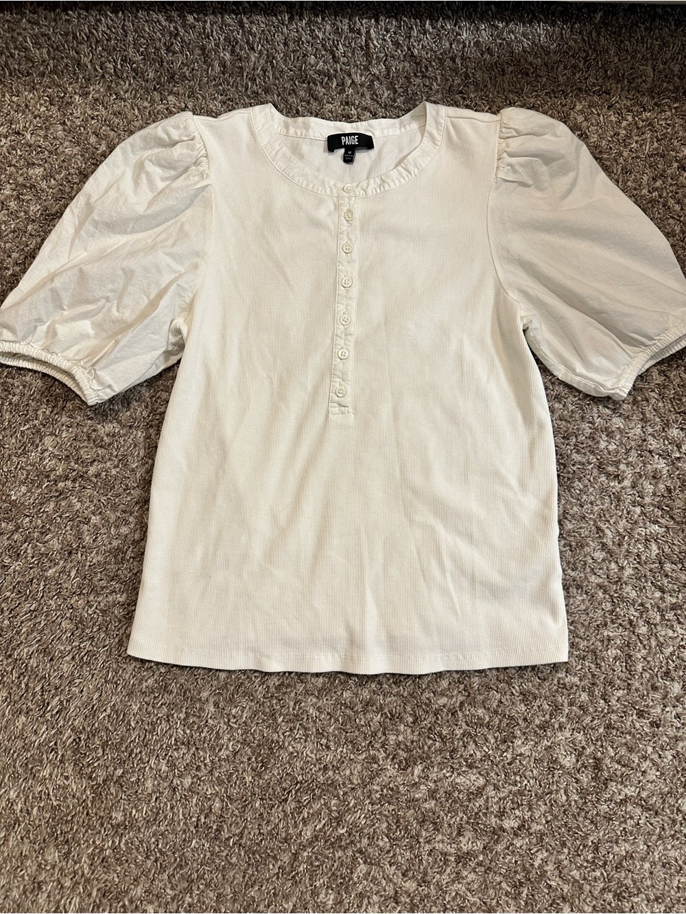 PAIGE Off-White Puff Sleeve Button Henley Top - Picture 2 of 5